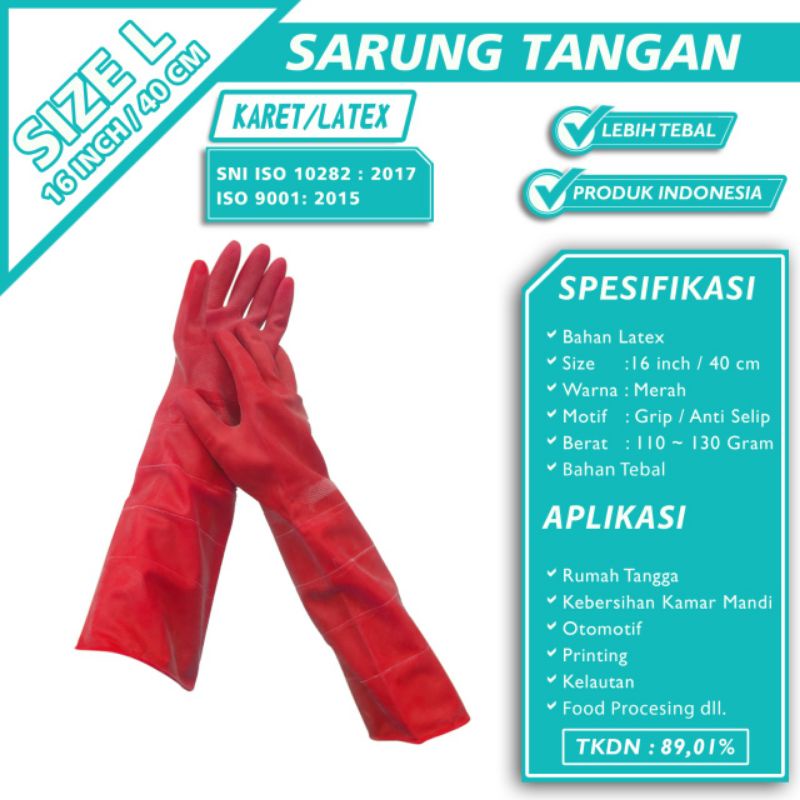 TERMURAH SARUNG TANGAN KARET LATEX / TERLARIS SARUNG TANGAN RUBBER GLOVE 16 INCH MERAH