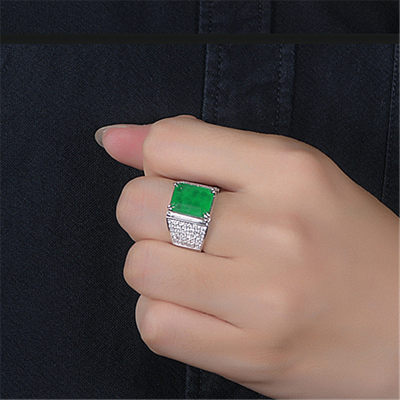 Cincin Emerald Platinum Pria Fashion Perhiasan Kawin Kristal Hijau Rings