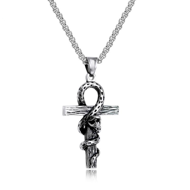 Titanium steel men's necklace fashion personality gothic exaggerated snake-wrapped cross pendant