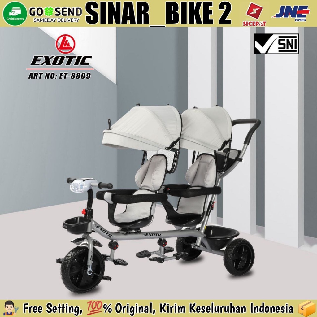 Sepeda Roga 3 Tiga EXOTIC ET-8809 TWINS Kembar Boncengan Kursi Putar Tricycle Stroller Anak