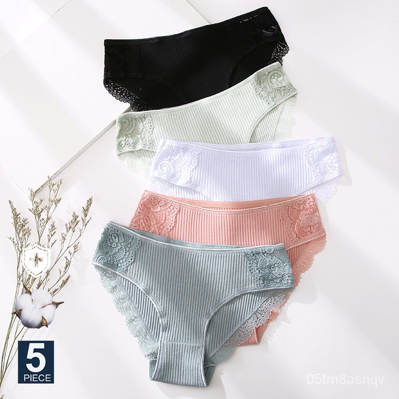 FINETOO 5PCS/Set Women Cotton Underwear Panties Floral Lace Soft Intimates Underpant For Woman Sexy