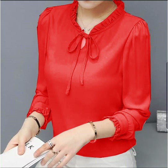 ZAZA_FASHION Baju Atasan Wanita Terbaru 2021 Real Pict Blouse Wanita Hits Kerah Kerut-6