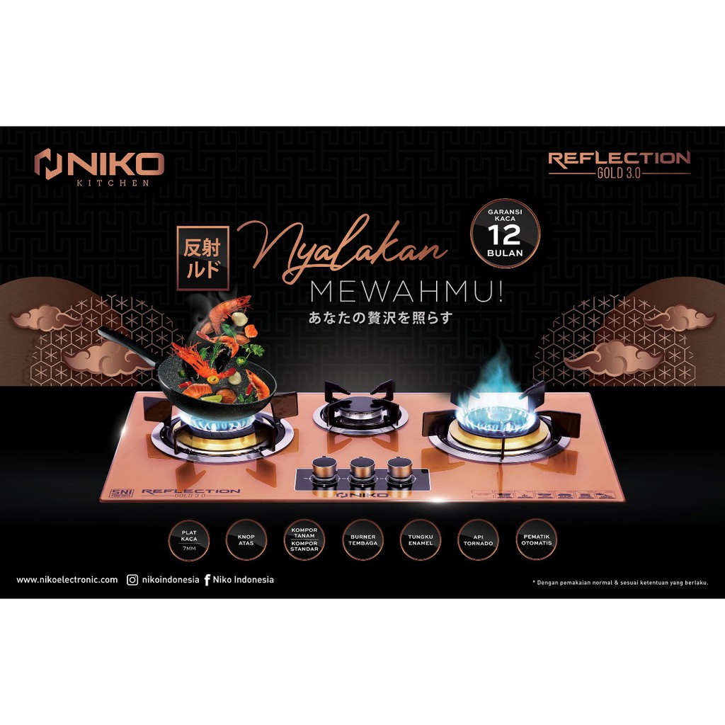 Niko Reflection Gold 3.0 Kompor Gas Tampered Glass Knob Otomatis