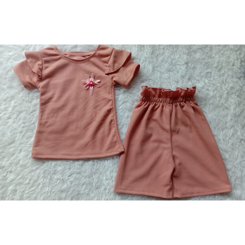 Setelan Anak Perempuan Knit Mango Waffle Ruffle Lengan pendek Setelan Kulot anak cewek knit 1-5 th babyrib-3