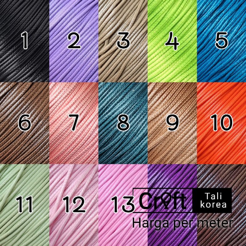 Tali korea waterproof 1mm 1.5 mm 2mm buat kerajinan gelang kalung wax cord 1,5mm no.1-15