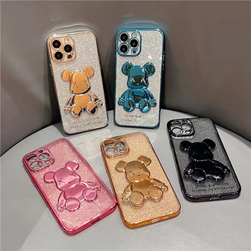 3D Bear Phone Case for iPhone 13 12 11 Pro Max X Xr Xs Max SE 2020 iPhone 8 7 6 6s Plus Luxury Plating Soft Case Silicone Soft TPU Casing All-inclusive Shockproof Protective Cover