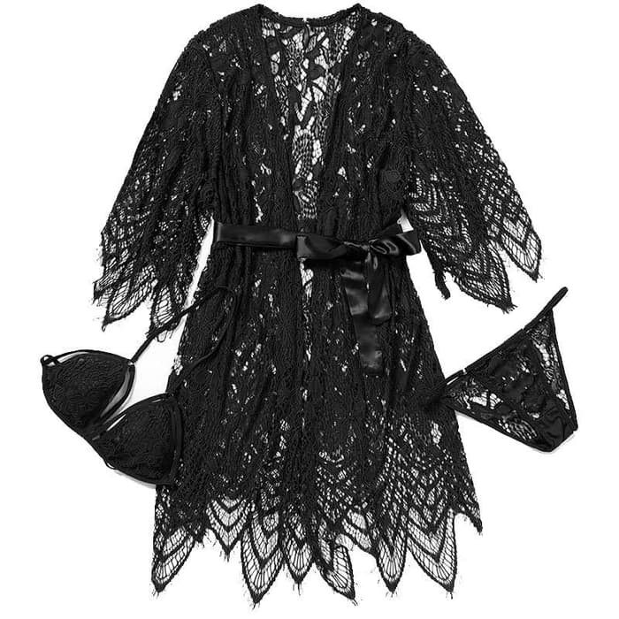 Sexy Lingerie Kimono   Bra Set G string Baju Tidur Bikini A180   Putih Berkualitas