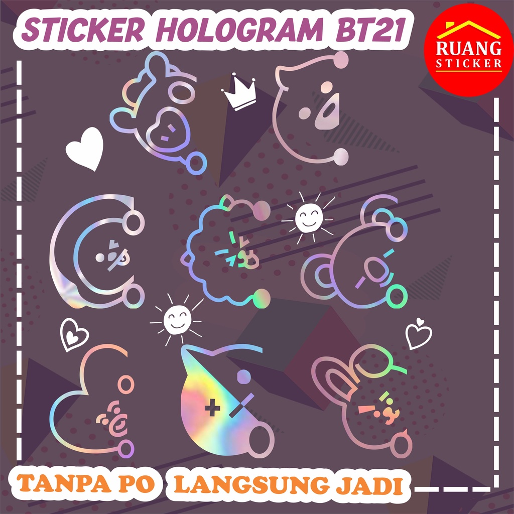 STIKER HOLOGRAM PELANGI BTS BT21 KARAKTER VARIASI 4 SEHARI JADI CUSTOM