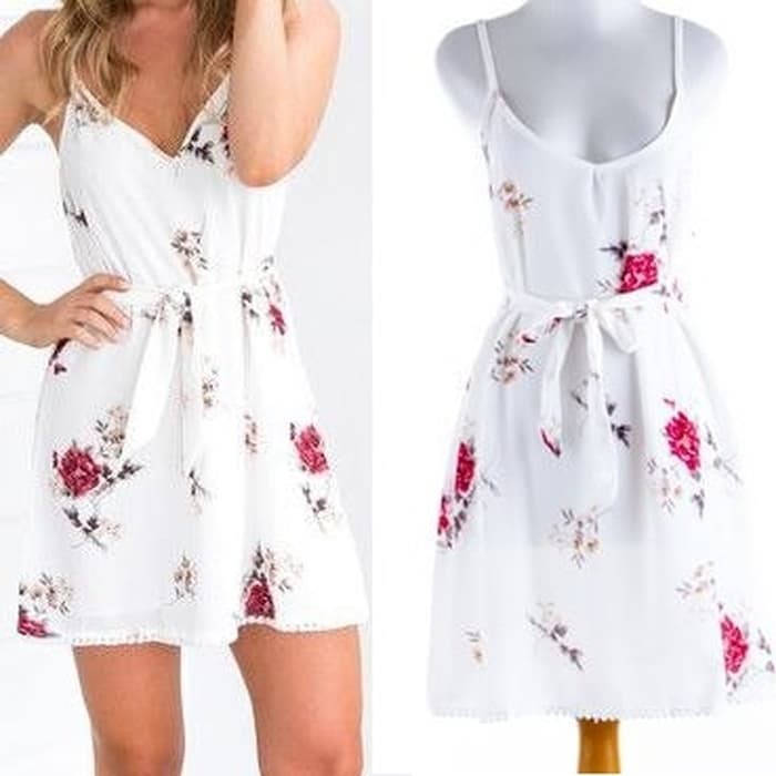 IMPORT Flower White Strap Belt mini DRess putih Casual Pantai Bali