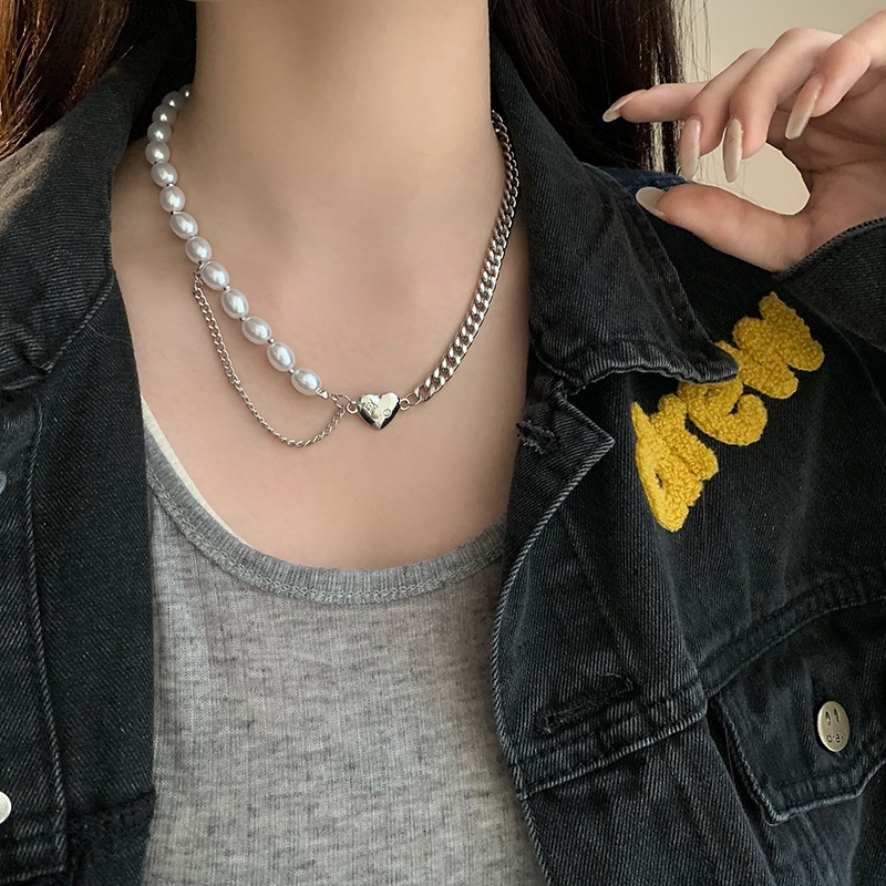 Kalung Rantai Dengan Liontin Hati + Mutiara Untuk Wanita