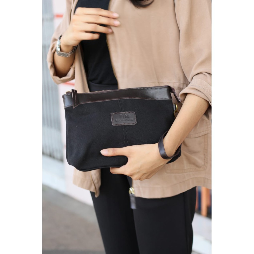 Tas Tangan Handbag Clutch Eastmovin Oliver Pouch Cewek Cowok Hitam Kanvas TEBAL &amp; Kulit ASLI