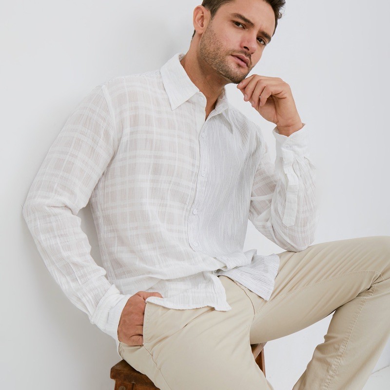 Kemeja putih tenun pria lurik mix katun