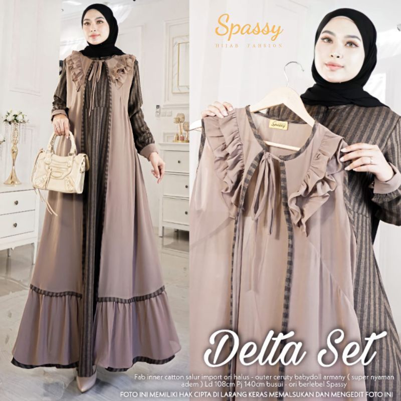 Gamis Inner Katun Import dan Outer Cerruty Premium Motif Salur Delta by Spassy