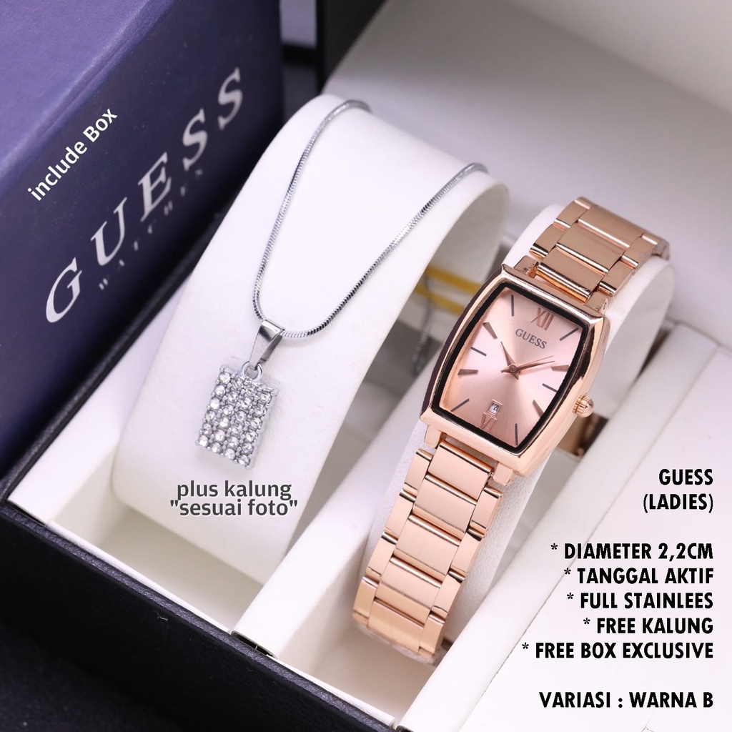 (FREE BOX) JAM TANGAN WANITA GUESS RANTAI BODY OVAL TANGGAL AKTIF FREE KALUNG