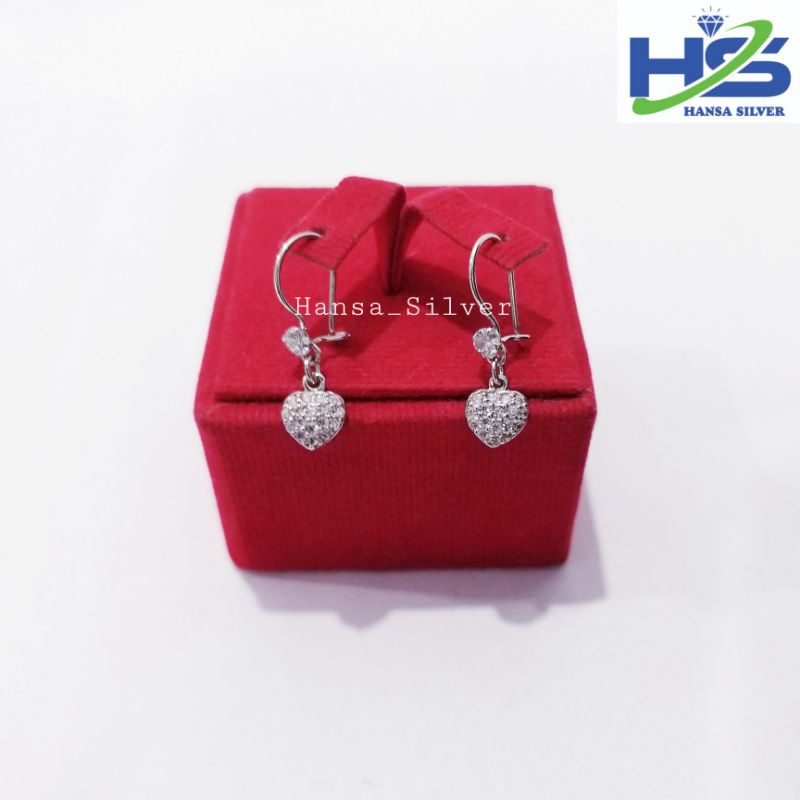 Anting Perak Asli Silver 925 Lapis Emas Putih Agogo Gantungan Love Bunga - Anting Wanita Anti Karat