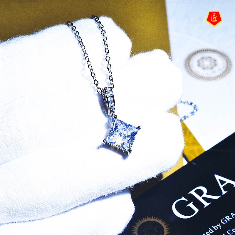 [Ready Stock]Moissanite Pendant Ins Princess Square Diamond Necklace for Women