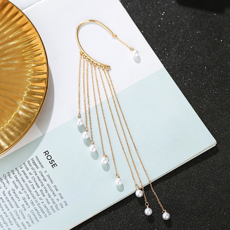 925 Temperament Long Tassel Pearl Gold Earrings Retro No Pierced Party Earring Jewelry Accessories