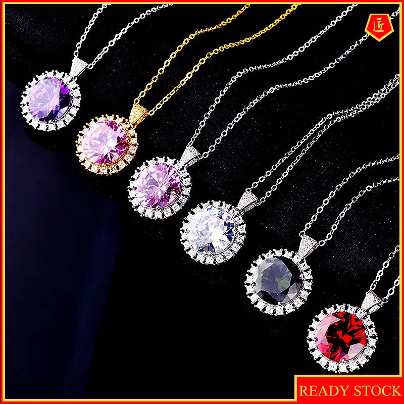 [Ready Stock]10 Karat Shiny Diamond Pendant Luxury Colorful Gemstone Necklace for Women