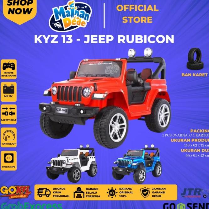 Mainan Mobil Aki Anak Jeep Rubicon Kyz 13 Ban Karet Jok Kulit