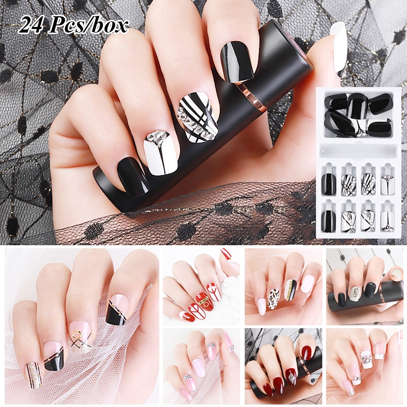 24 Pcs Kuku Palsu Full Cover Aksen Berlian Imitasi Untuk Nail Art