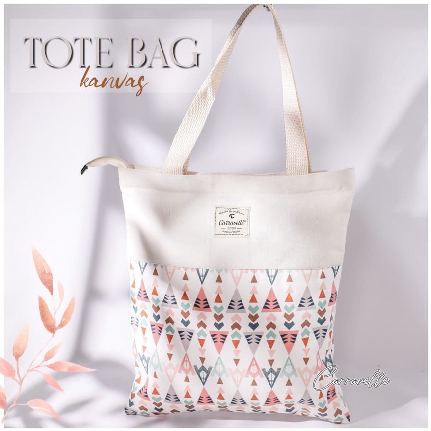 Tote Bag Kanvas Resleting Wanita model  bahan Kanvas polos dan motif bisa custom sablon utk seminar