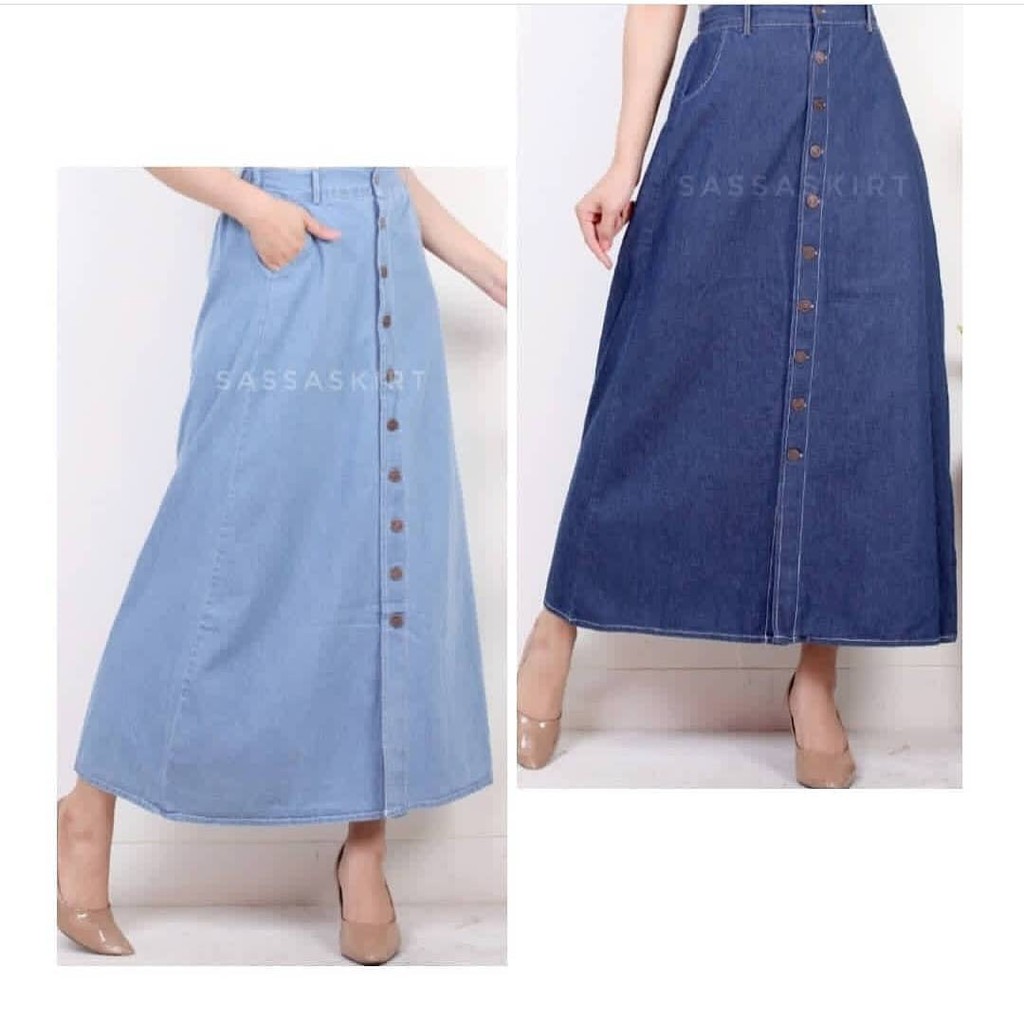 (BISA COD) ROK JEANS PANJANG/SASA SKIRT JEANS PREMIUM/ ROK JEANS KANCING