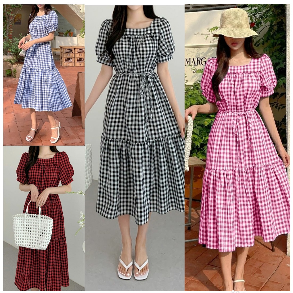 Jual Vintage Midi dress Korea kekinian/ Dress katun kotak smook / dres