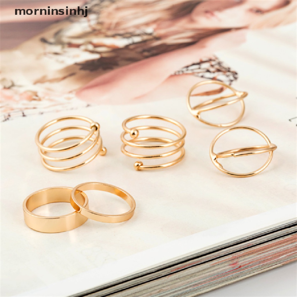 Mornin 6pcs / Set Cincin Buku Jari Aneka Bentuk Bahan Alloy Gaya Punk Untuk Wanita