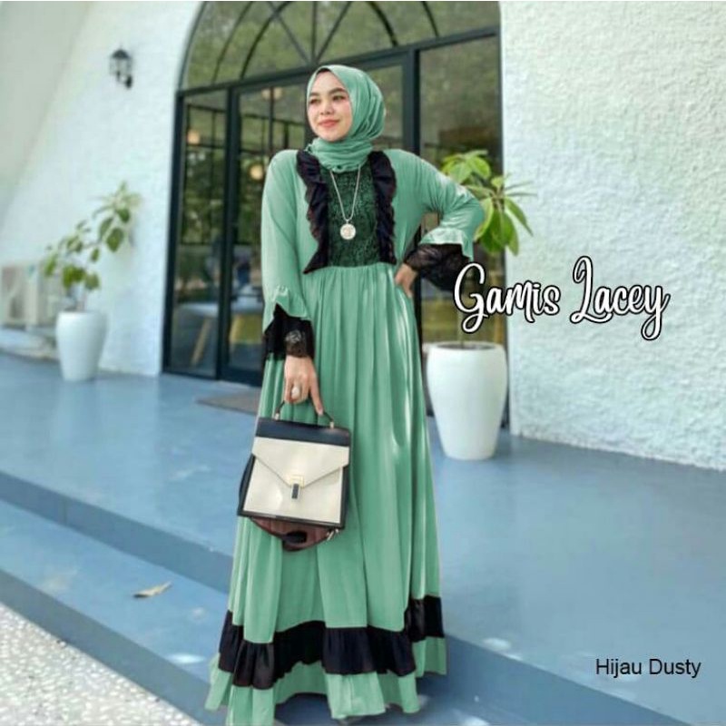 Gamis Lacey Maxy warna green ijo botol dusty hijau dress pesta cantik wanita bahan Ceruty babydoll f