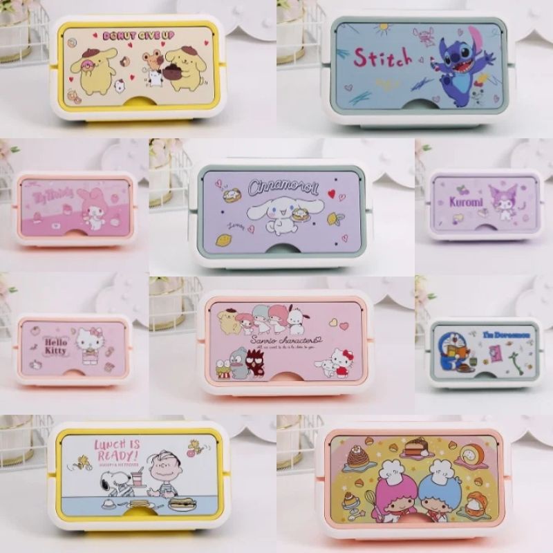 Lunch Box Kotak Bekal Karakter Pooh My Melody Kuromi Batzmaru Stitch Pompompurin Hello Kitty Sanrio Doraemon Snoopy Little Twin Star Cinnamoroll