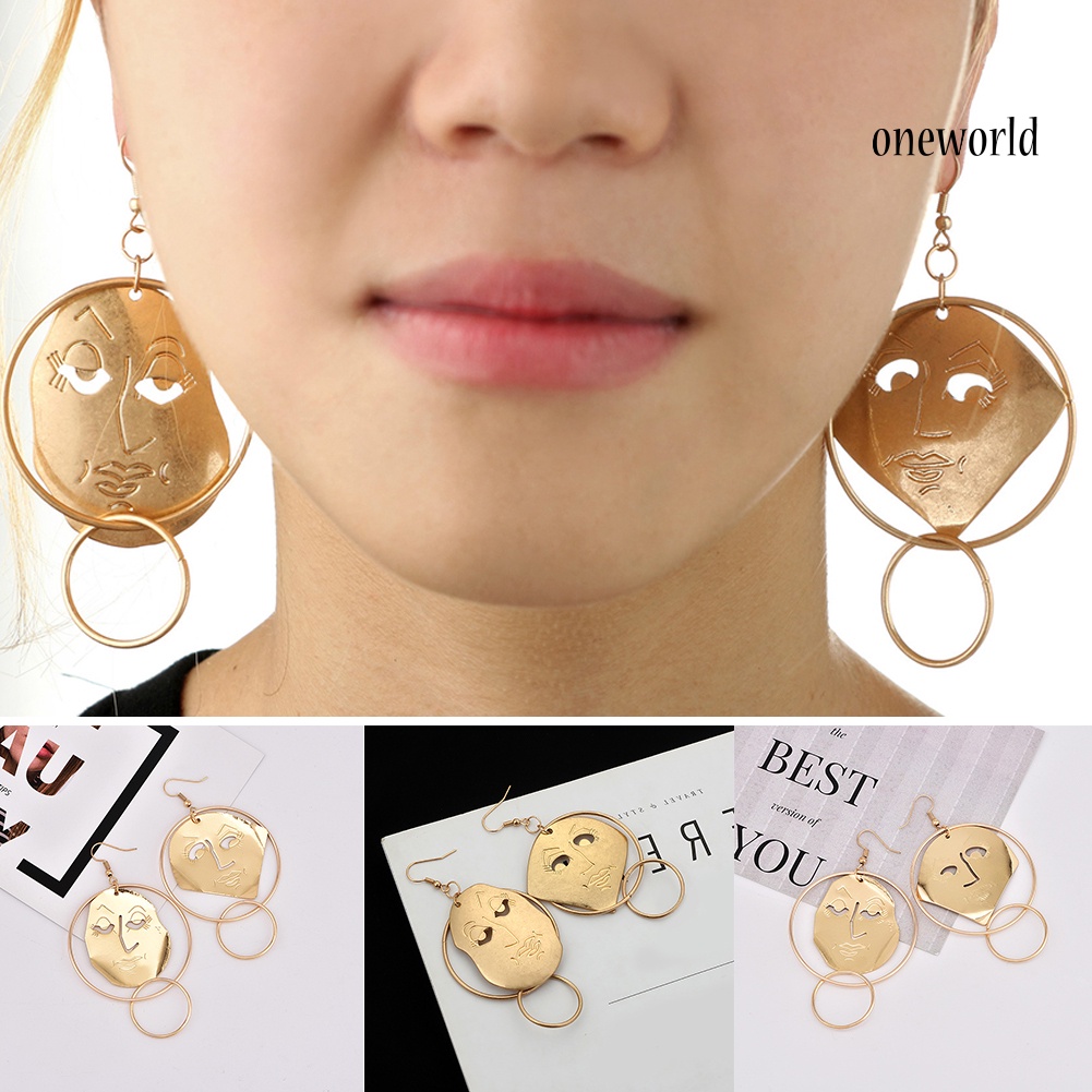 OW@ Fashion Carving Asymmetric Human Face Hoop Women Hook Earrings Jewelry Decor