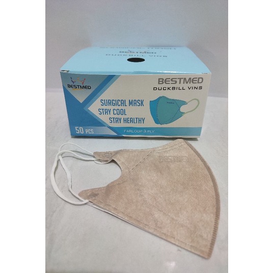 MASKER MEDIS BEDAH KARET EARLOOP DUCKBILL BESTMED VINS 1 BOX ISO 50 PCS WARNA KREM CREAM COKLAT SUSU