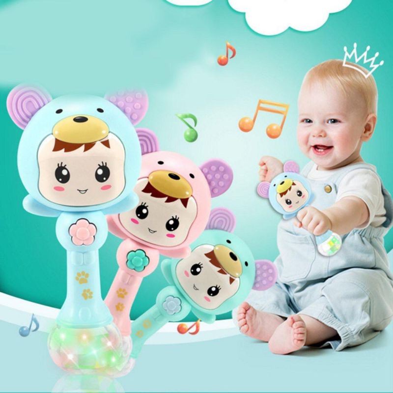 Mainan Tongkat Rattle Teether+Musik+Lampu Kelap-kelip Bentuk Kartun untuk Bayi