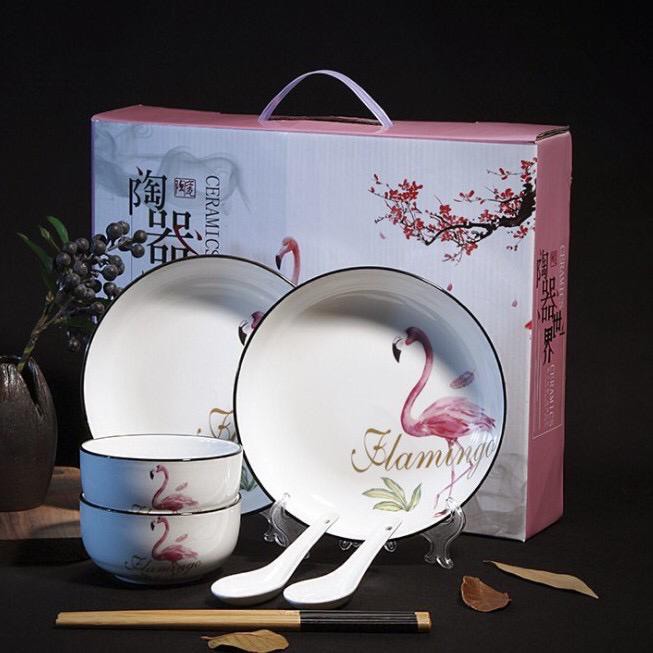 Set Perlengkapan Piring Mangkuk Motif Burung Flamingo Keramik / Mangkuk Jepang / Mangkuk Keramik