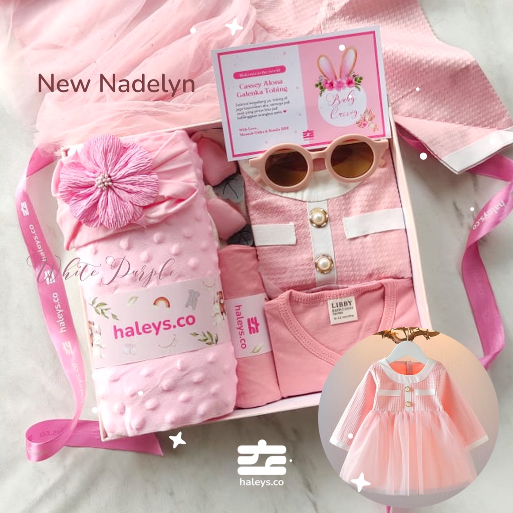 Custom Baby Nadlyne Kado bayi perempuan / Girl Baby Hampers 0-12 months/ Hampers bayi newborn tema korea / Kado bayi Laki Laki/ Babygirl Gift / Kado Lahiran / Giftbox baby / Haleys.co/ Kado bayi cewe