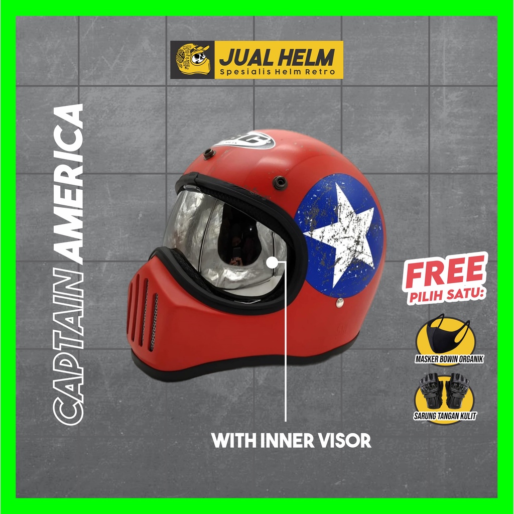 Helm Cakil HBC Captain America Red + Inner Visor Chrome ( Fullface / Retro / Klasik / Vespa )