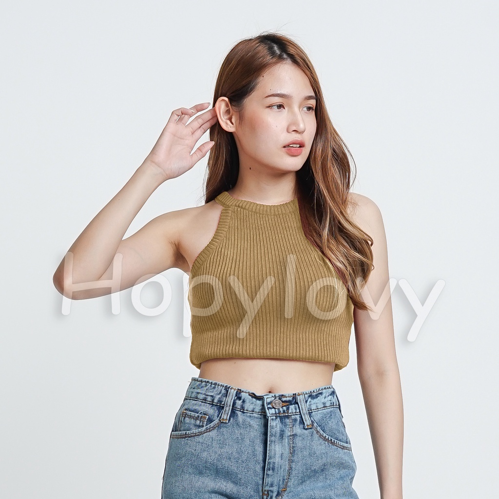 HOPYLOVY Tanktop Wanita Atasan Rajut Halter Kerah Rajut Knit Crop Top Abel