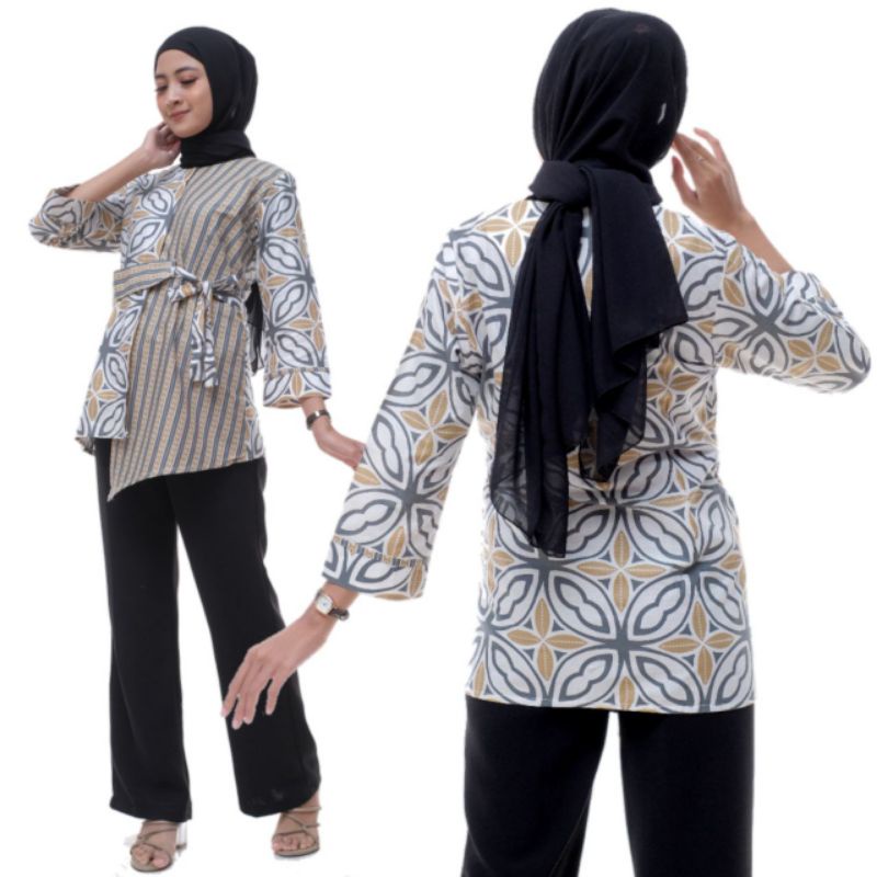 Batik wanita ASJ SA HRB026 Kenongo Kemeja Tosca Pendek-Kawung ijo