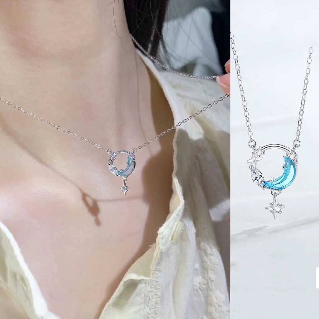 Kalung S925 Sterling Silver Liontin Bulan Bintang Galaxy Aksen Kristal Berlian Gaya Korea Untuk Wanita