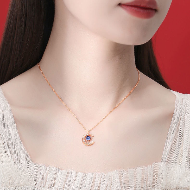 S925 Perak Bintang Bulan Kalung Wanita Modis Gaya Korea Cahaya Mewah Minoritas Desain Rasa choker Temperamen al