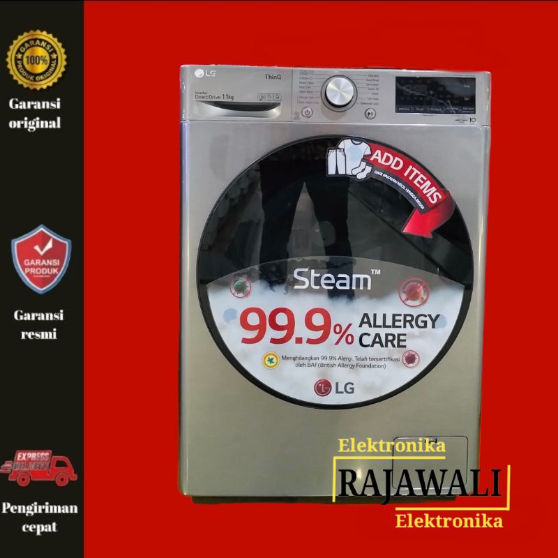 LG mesin cuci front loading 11 kg desain tempered glass warna Grey