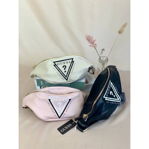Tas Pinggang Kulit Wanita GS Leather Waistbag Long Strap Zipper Premium Import, Hitam Black Krem Bei