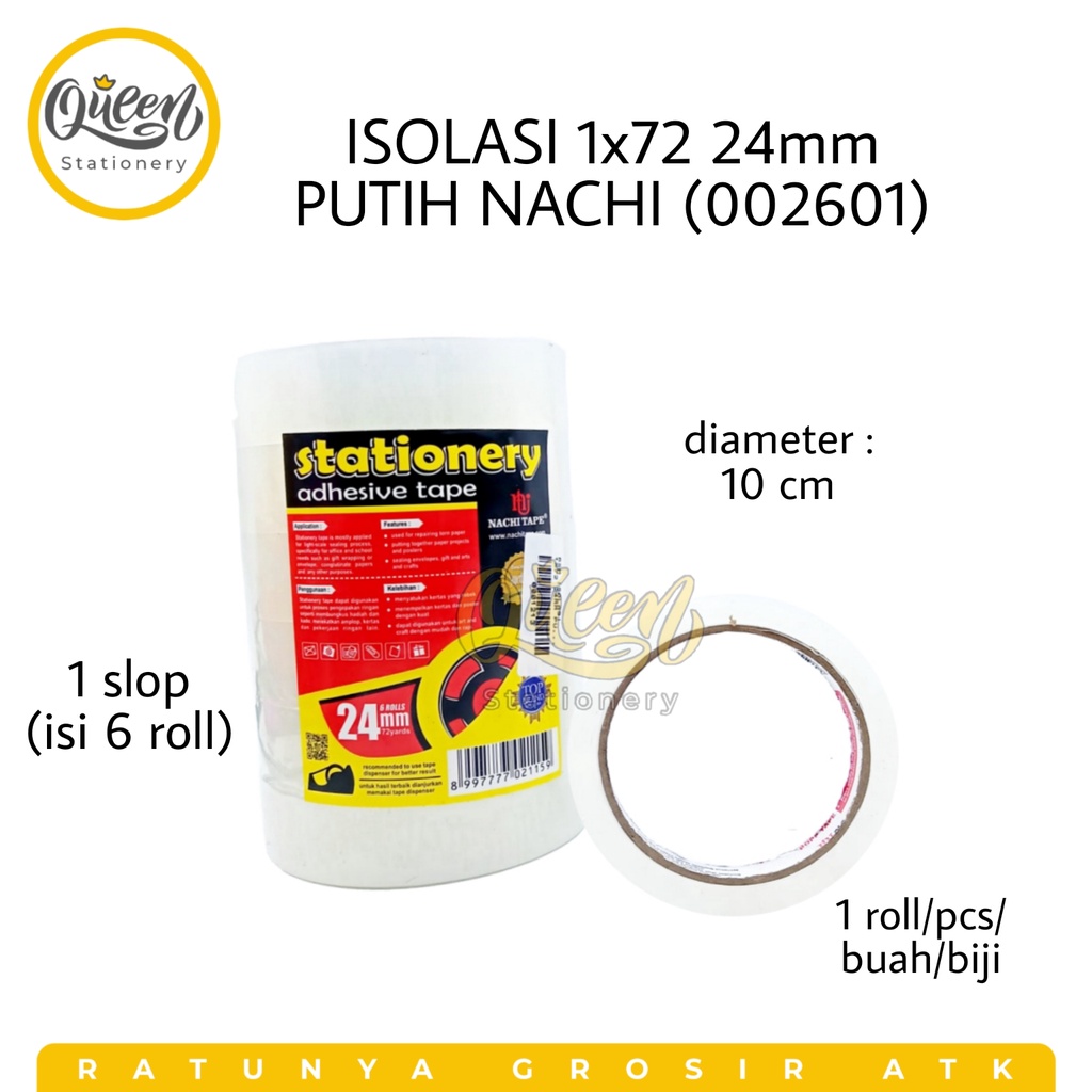 

1 PCS ISOLASI 1X72 24MM PUTIH NACHI / SOLASI TANGGUNG / LAKBAN BENING (002601)