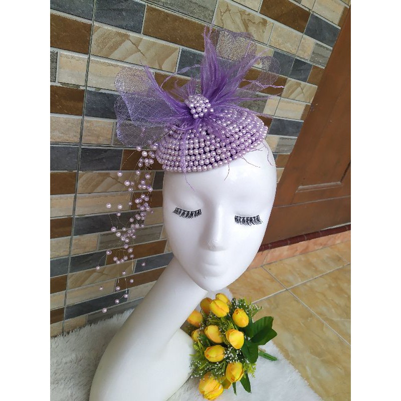 fascinator topi pengantin / topi pesta warna lilac