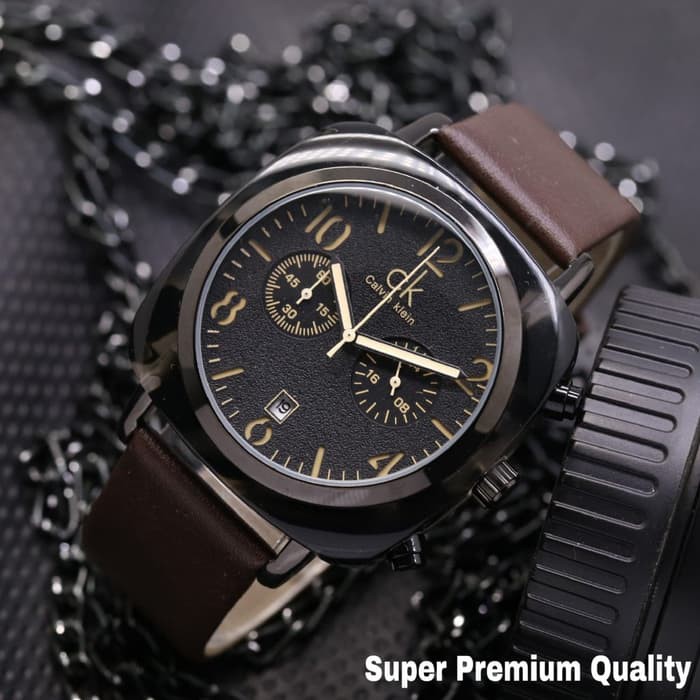 Jam Tangan Pria / Cowok CK Segi Chrono Leather Dark Brown Black