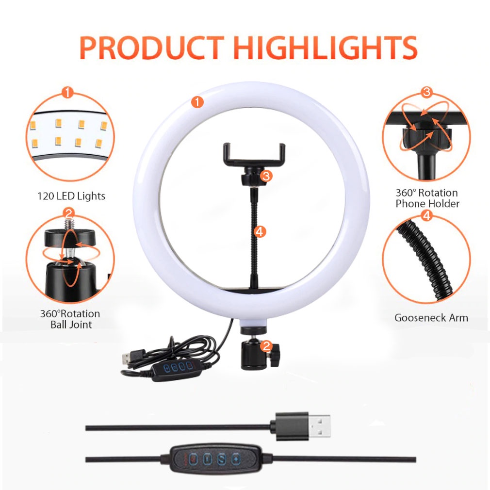 Selfie Lampu Ring Light LED 20 cm | 26 cm | 30 cm/ 32 cm Handphone Holder Stand Table + Tripod Meja