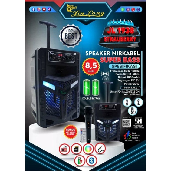 SPEAKER BLUETOOTH KARAOKE JINLONG JL-1938 STRAWBERRY 8,5in 8,5inch BONUS MIC MICROPHONE SPEAKER AMPL