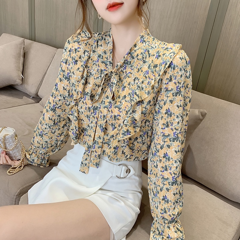 Blus bunga tipis wanita lengan panjang sablon busur terbaru all-match blouse