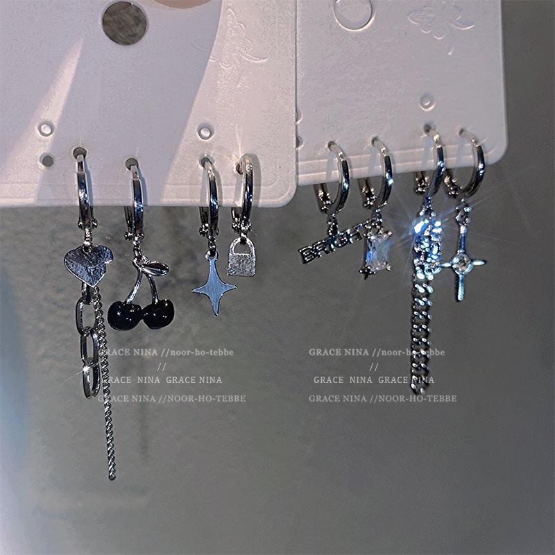 AY(CN) 4pcs / Set Anting Hoop Rumbai Desain Cherry Bahan Zirkon Warna Silver Untuk Wanita