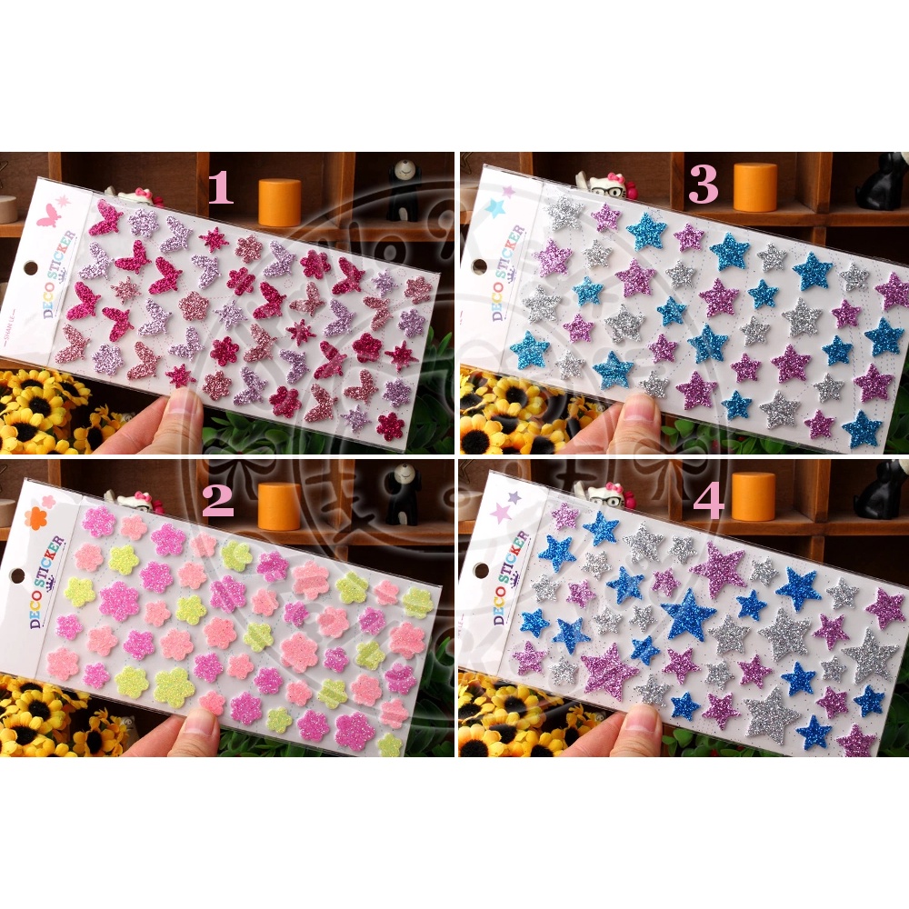 

stiker sticker deco spons glitter glitters bentuk star bunga kupu kupu